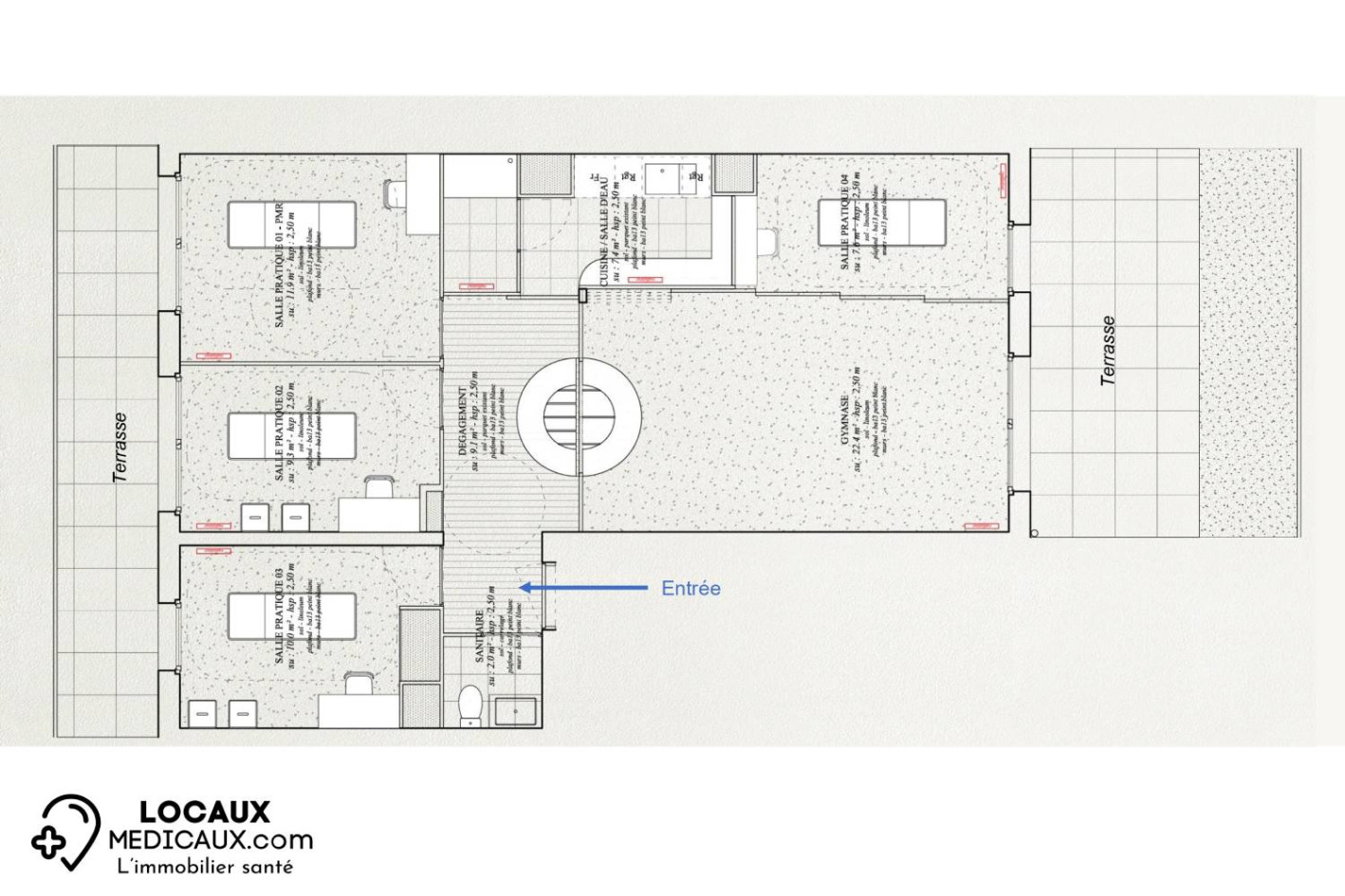 AUBERVILLIERS – CABINET DE KINÉSITHÉRAPIE DE 80 M² 4 SALLES DE CONSULTATION et GYMNASE– 2 TERRASSES AVEC JARDIN – PARKING – RÉSIDENCE DE 2023