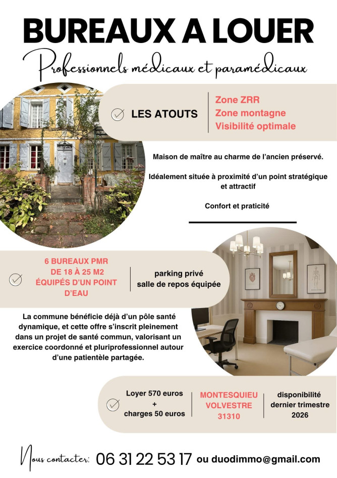 Bureaux à louer professionnels médicaux et paramédicaux
